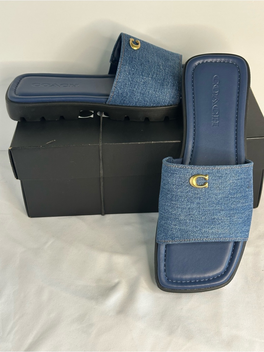 Coach Florence Deep Blue Denim Slide Sandals with Gold C Logo Size 7.5 B